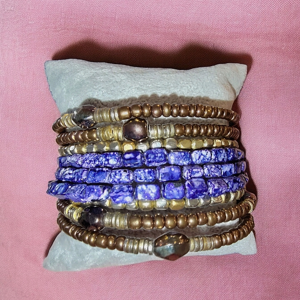 Blue & Copper Tone Memory Wire Bracelet
